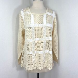 Otto Ivory Crochet Velvet Patchwork Top Large Long Sleeves Romantic Boho Whimsy